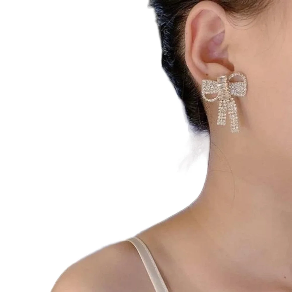 Xioose Gold Rhinestone Ribbon Bow Stud Fashion Ladies Earrings